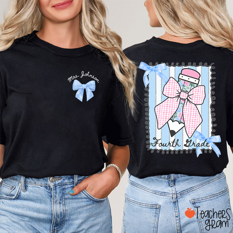 Personalized Grade And Name Flower Pencil Checkered Bow Teacher Two Sided T-Shirt