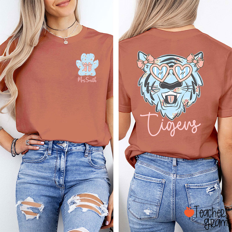 Personalized Mascot And Name Cute Coquette Bow Teacher Two Sided T-Shirt