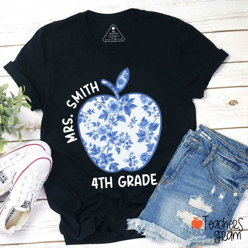 Personalized Grade And Name Blue And White Porcelain Apple Teacher T-Shirt