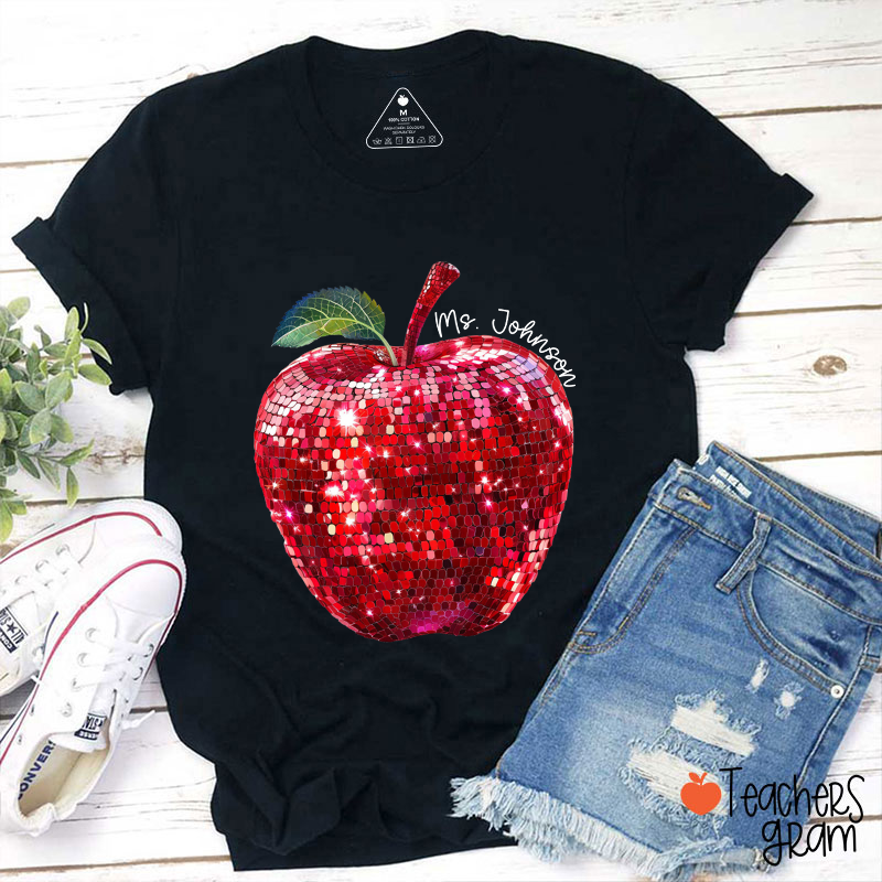 Personalized Red Glitter Apple And Name Teacher T-Shirt
