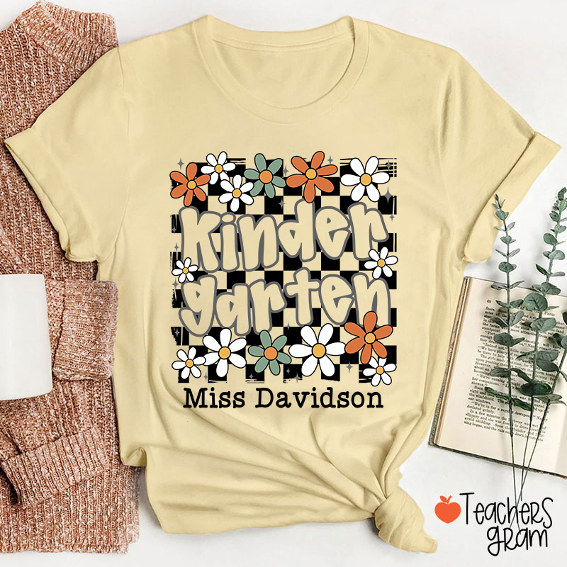 Personalized Text And Name Checkered Flowers Teacher T-Shirt