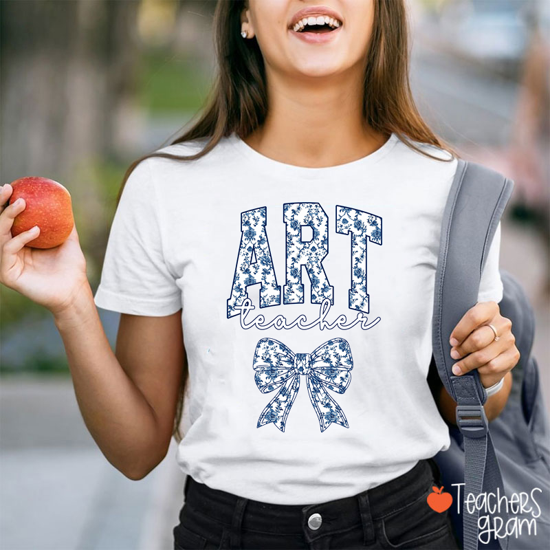 Personalized Text Blue And White Porcelain Bow Teacher T-Shirt
