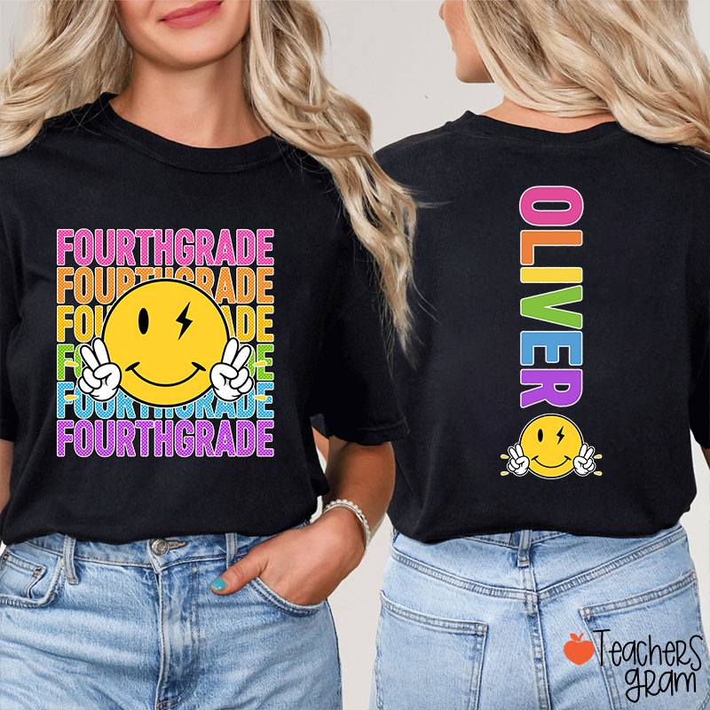 Personalized Grade And Name Smiley Face Teacher Two Sided T-Shirt