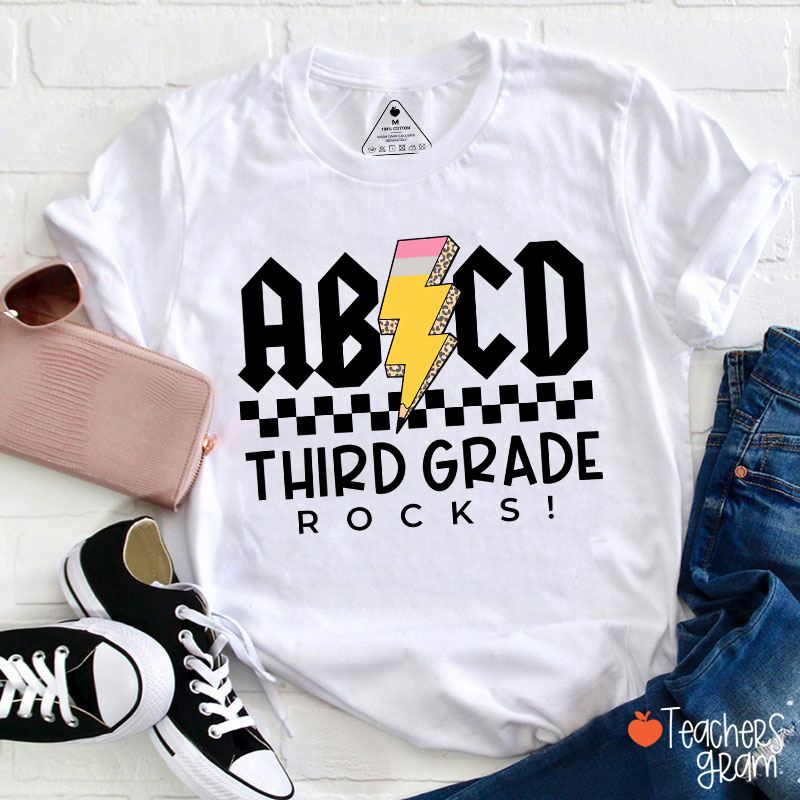 Personalized Grade Lightning Pencil Checkerboard Teacher T-Shirt