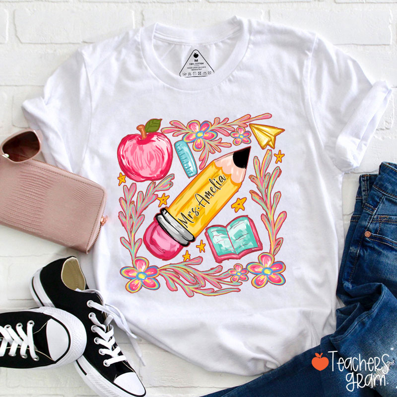 Flowers Pencil Apple Book Star Teacher T-Shirt