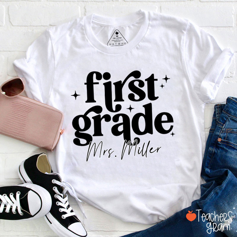 Personalized Grade Name Monochrome Stars Teacher T-Shirt