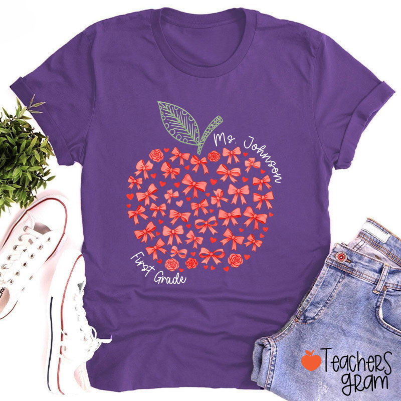 Personalized Name Or Grade Bow Apple Teacher T-Shirt