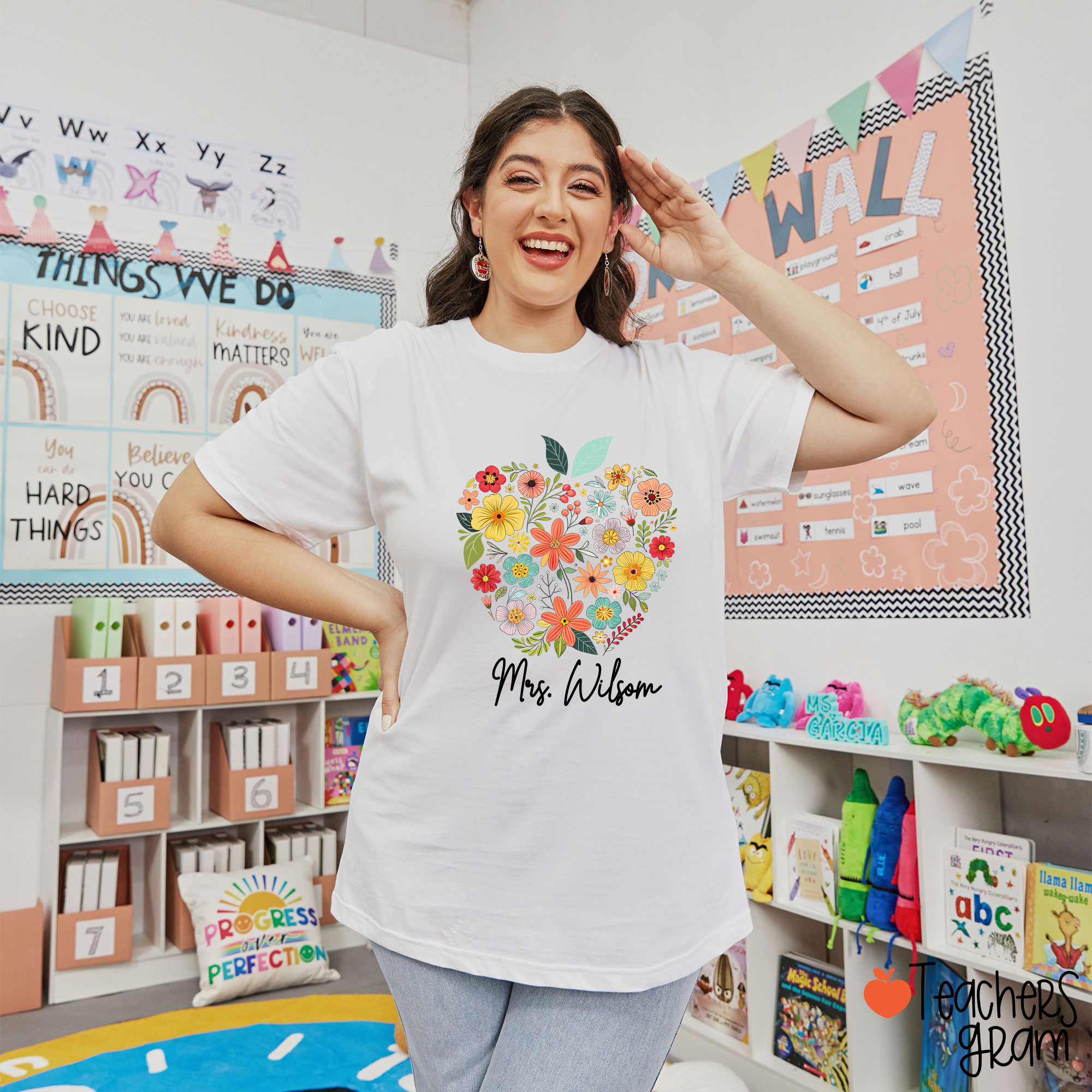 Personalized Floral Apple Name Teacher T-Shirt