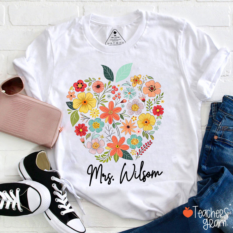 Personalized Floral Apple Name Teacher T-Shirt