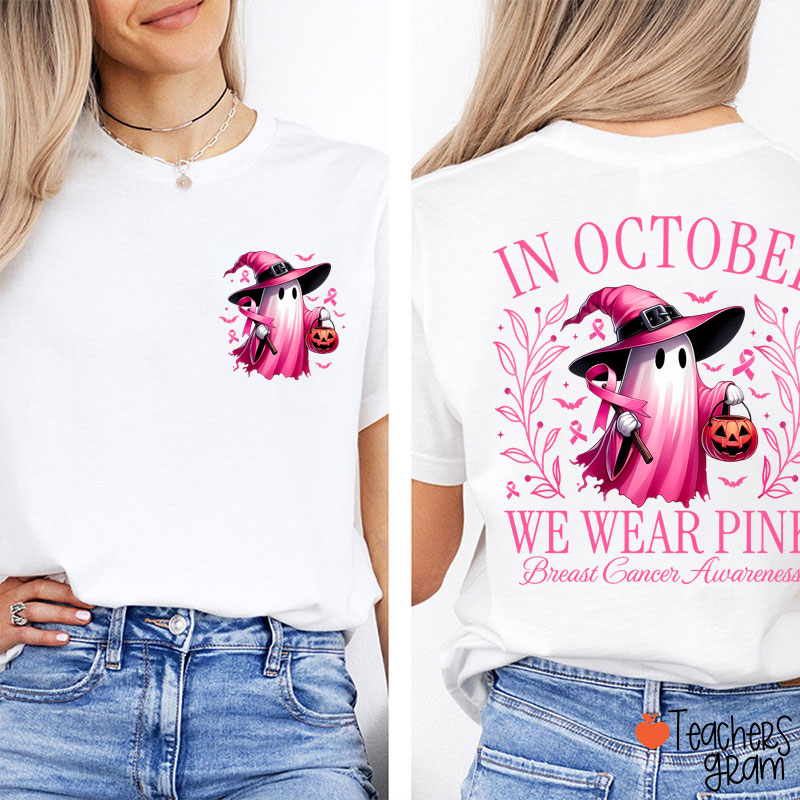 Halloween Beautifully Ghost Picture Breast Cancer Awareness Two Sided T-Shirt