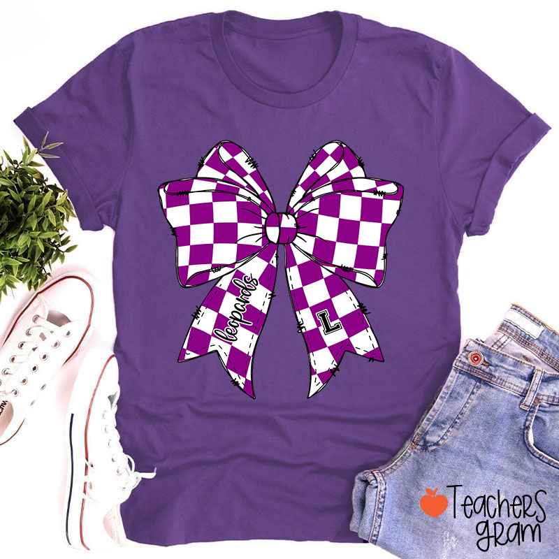 Personalized  Mascot Checkered Bow Game Day Teacher T-Shirt