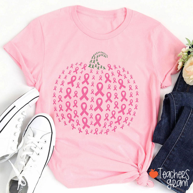 Pink Ribbon Pumpkin For Breast Cancer Teacher T-Shirt