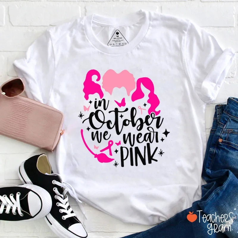 Witchy Pink October For Breast Cancer Teacher T-Shirt
