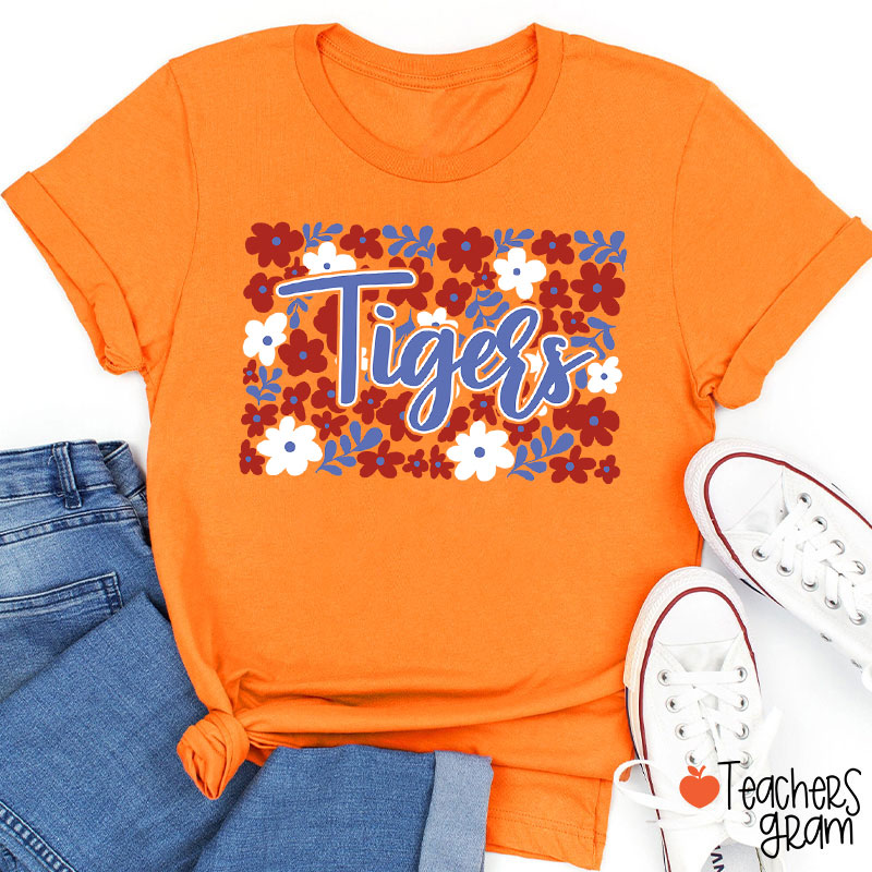 Personalized Mascot Flowers Contrasting Colors School Spirit Teacher T-Shirt