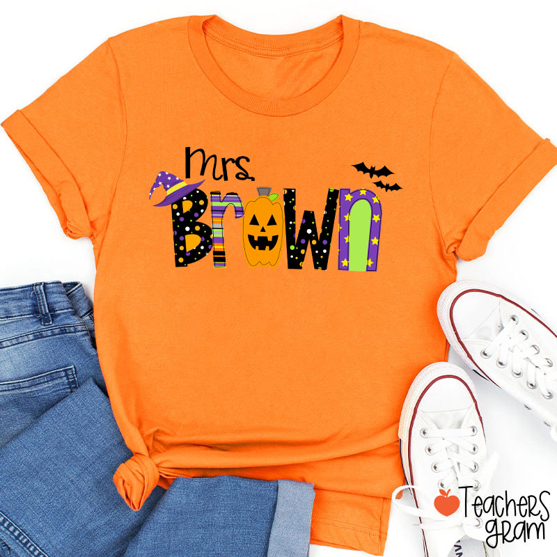 Personalized Name Pumpkin Halloween Teacher T-Shirt