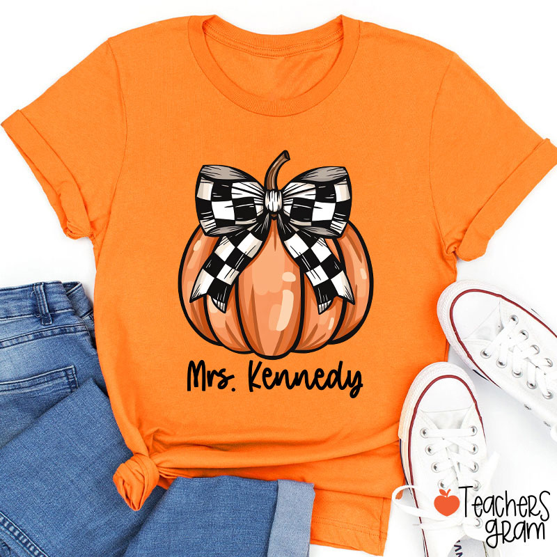 Personalized Name Pumpkin Bow Teacher T-Shirt
