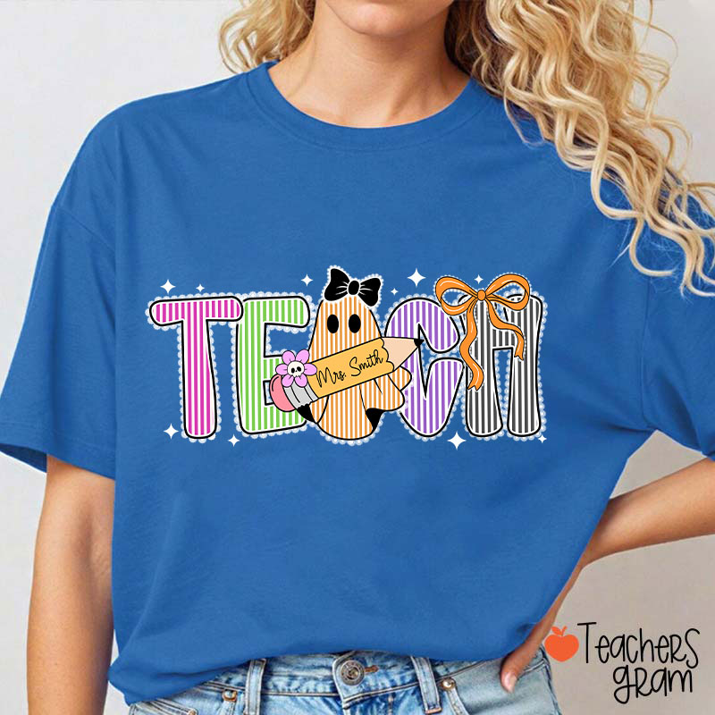 Personalized Name Preppy Teach Boo Ghost Coquette Teacher T-Shirt