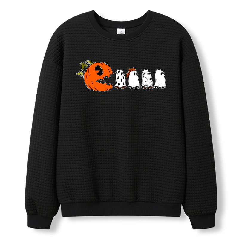 Pumpkin Ghost Pacman Teacher Waffle Knit Sweatshirt