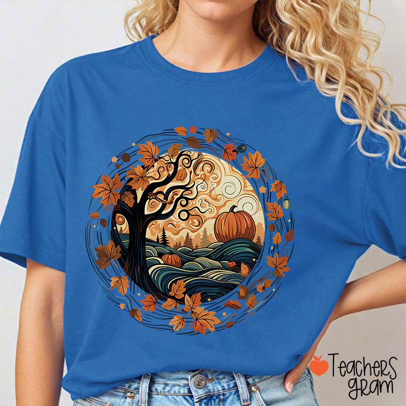 Cottagecore Pumpkins Leaves Trees Fall Vibe Teacher T-Shirt