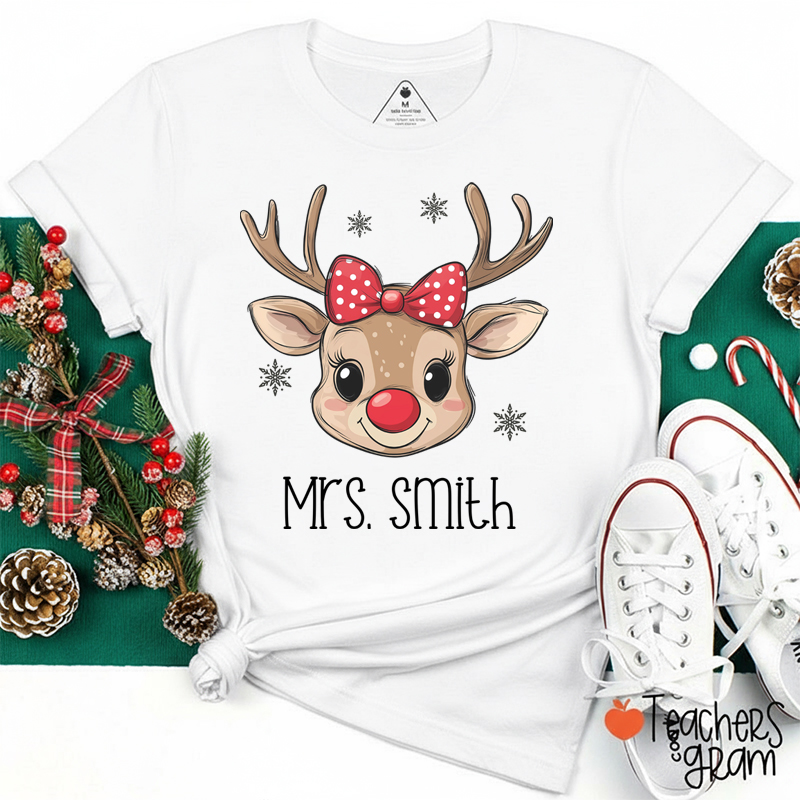 Personalized Name Cute Bow Reindeer Teacher T-Shirt