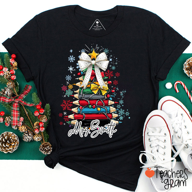 Personalized Pencil Christmas Tree Bow Teacher T-Shirt