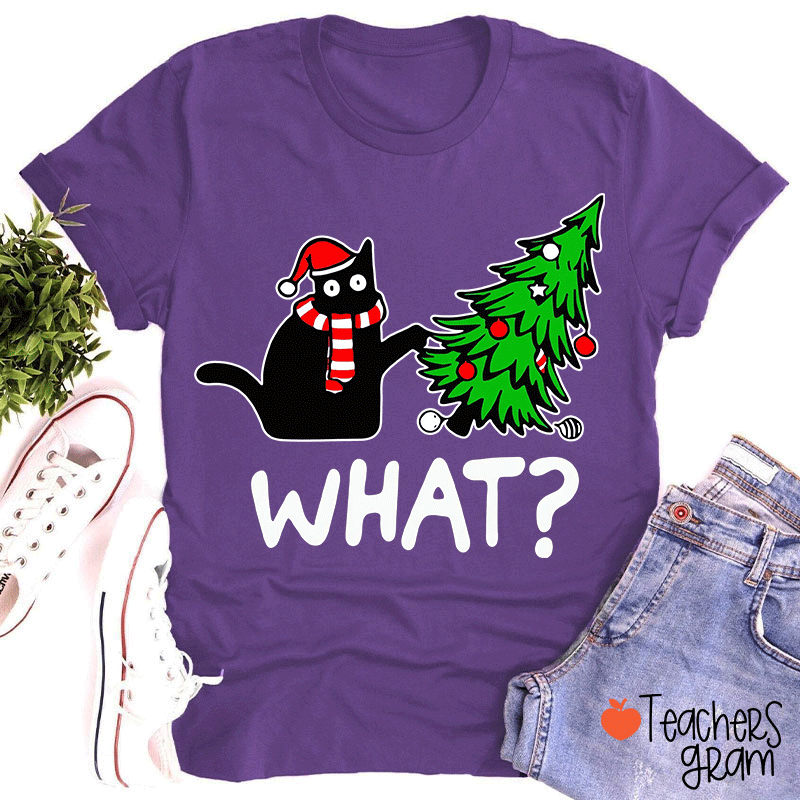 Cat Pushes Christmas Tree Teacher T-Shirt