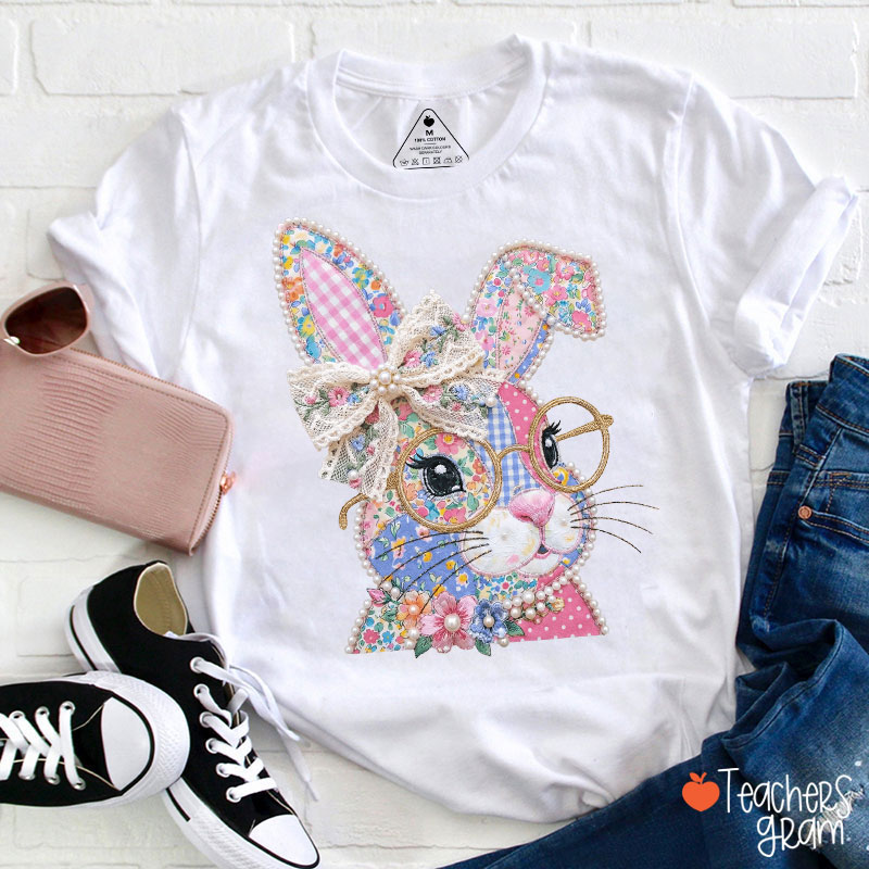 Faux Patchwork Bunny Teacher T-Shirt