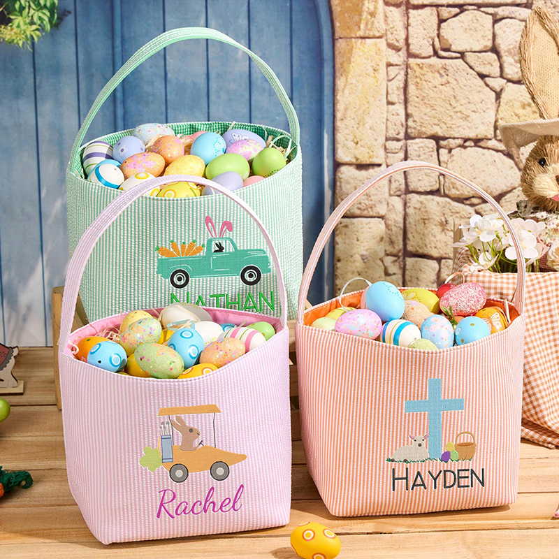 Personalized Embroidered Seersucker Easter Teacher Basket