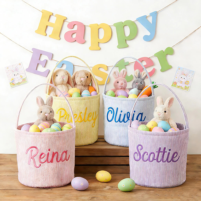 Personalized Faux Embroidered Easter Seersucker Teacher Basket