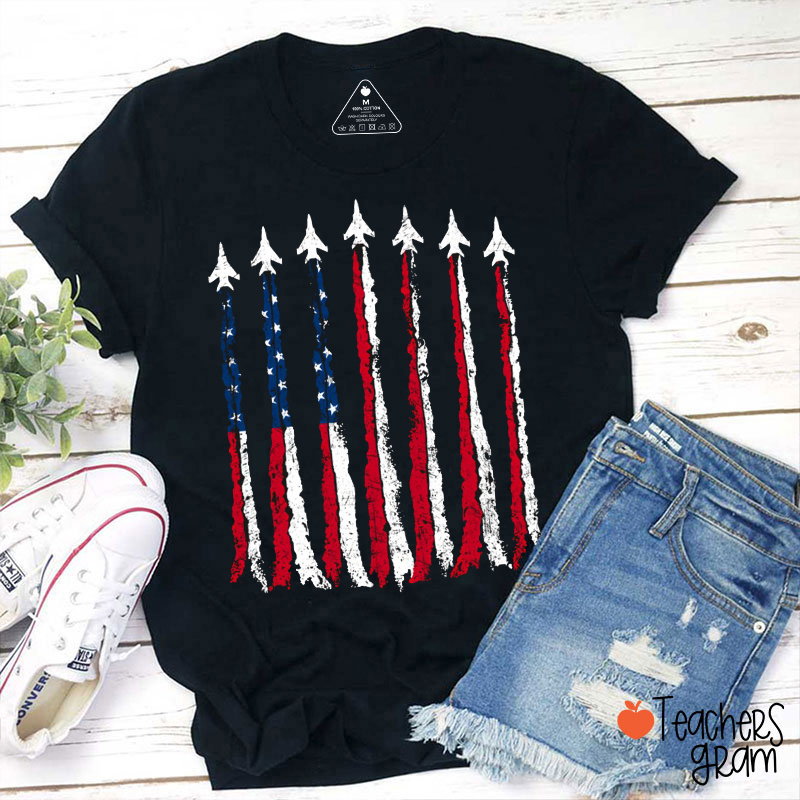 Patriotic Red White Blue Usa Flag Fighter Jets Teacher T-Shirt