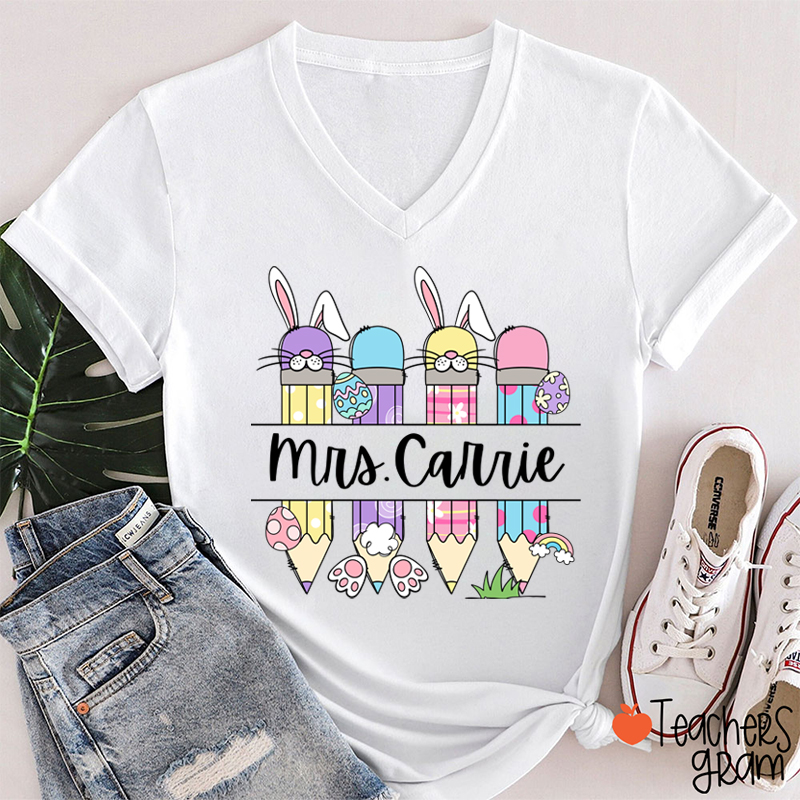 Personalized Easter Name Teacher Female V-Neck T-Shirt