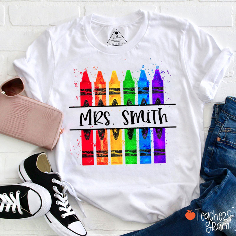 Personalized Splash Colored Crayons Name Teacher T-Shirt
