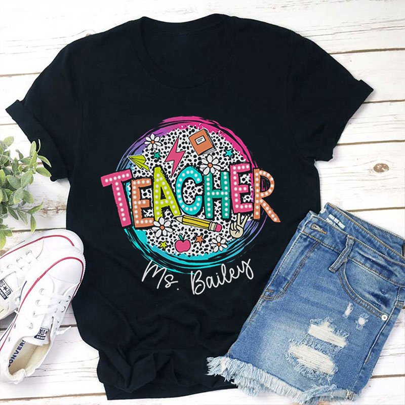 Personalized Teacher's Name And Text Cute Icon Leopard Teacher T-Shirt