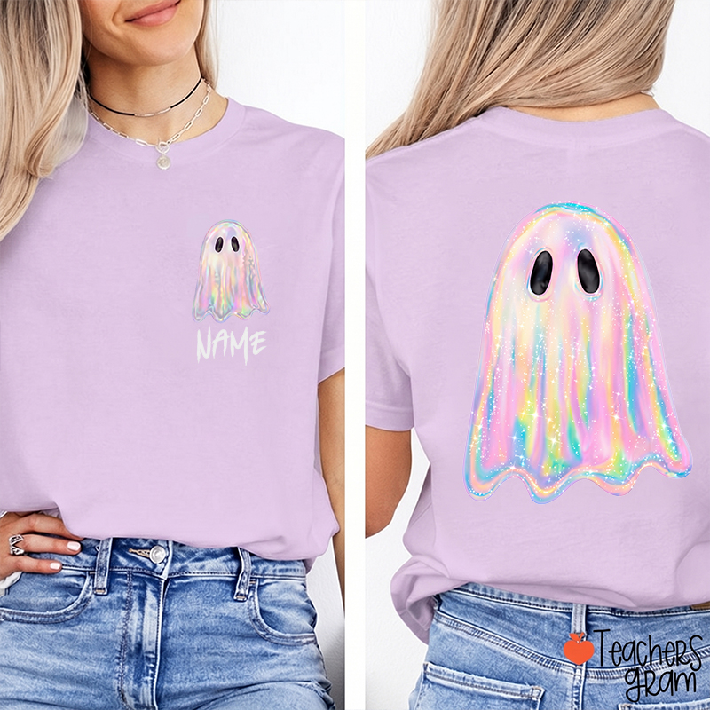 Personalized Name Pastel Holographic Cute Ghost Two Sided T-Shirt