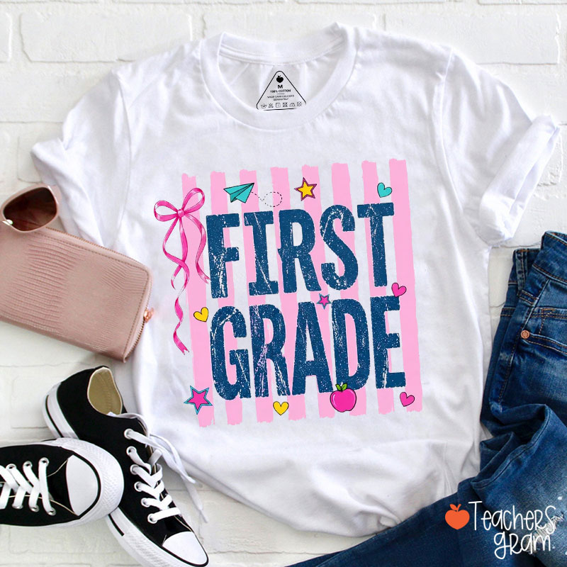 Personalized Grade Pink Bow And Stripes Teacher T-Shirt