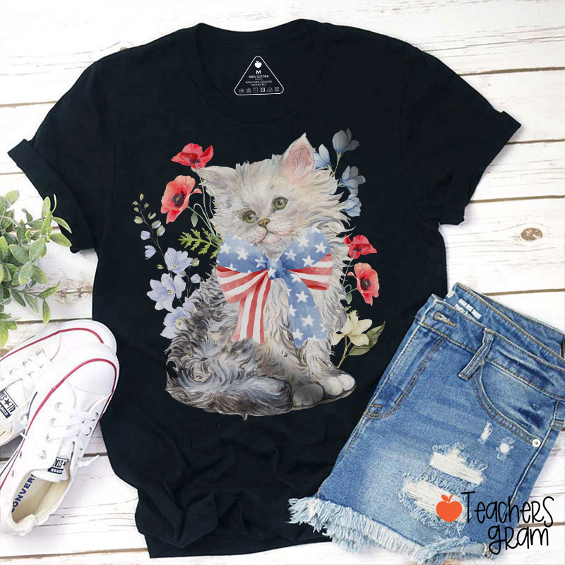Patriotic Floral Kitten Teacher T-Shirt