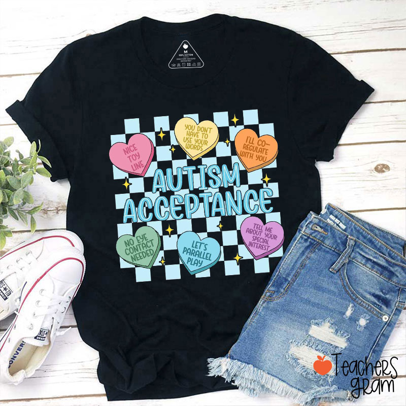 Candy Color Hearts Autism Awareness Teacher T-Shirt