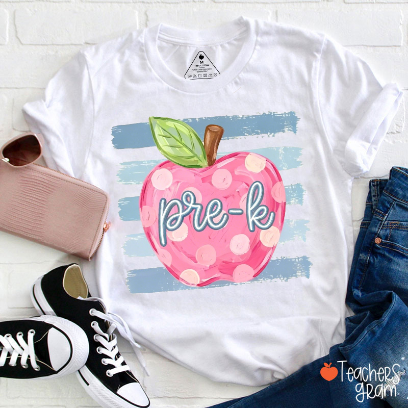 Personalized Grade Pink Polka Dot Apple Blue Brush Stripe Teacher T-Shirt