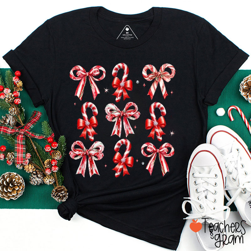 Coquette Bow Christmas Candy Teacher T-Shirt