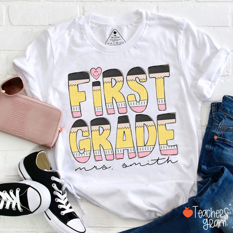 Personalized Grade Name Pencil Heart Teacher T-Shirt