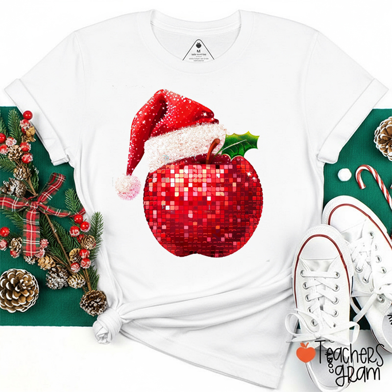 Faux Glitter Apple Santa Hat Teacher T-Shirt