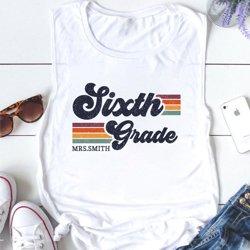 Personalized Grade And Name Retro Horizontal Stripes Teacher Tank Top