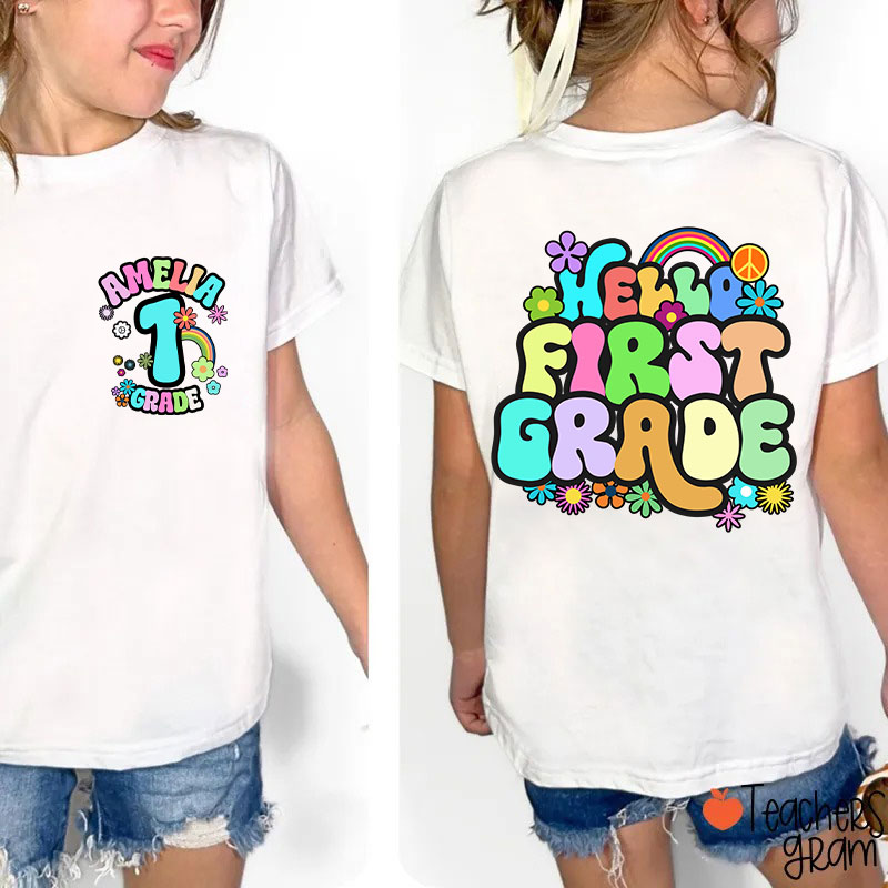 Personalized Name And Grade Rainbow Flowers Class Two Sided T-Shirt