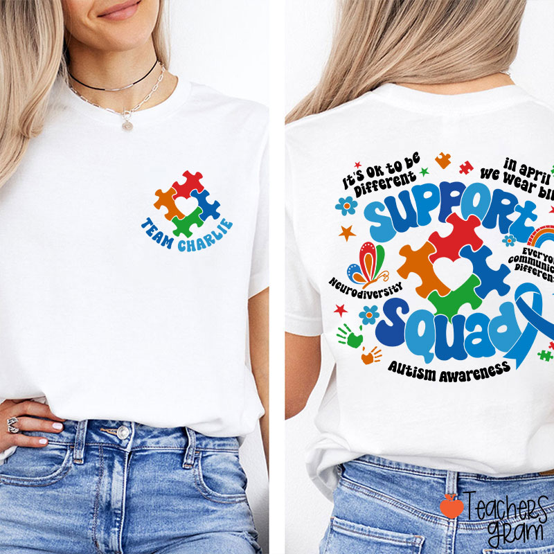 Personalized Name Autism Awareness Support Squad Teacher Two Sided T-Shirt