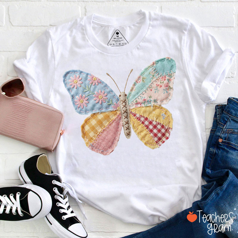 Faux Patchwork Butterfly Teacher T-Shirt