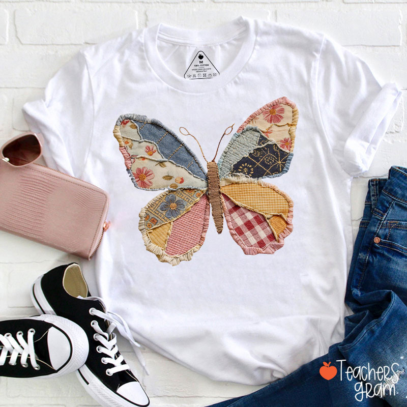  Faux Patchwork Butterfly Teacher T-Shirt