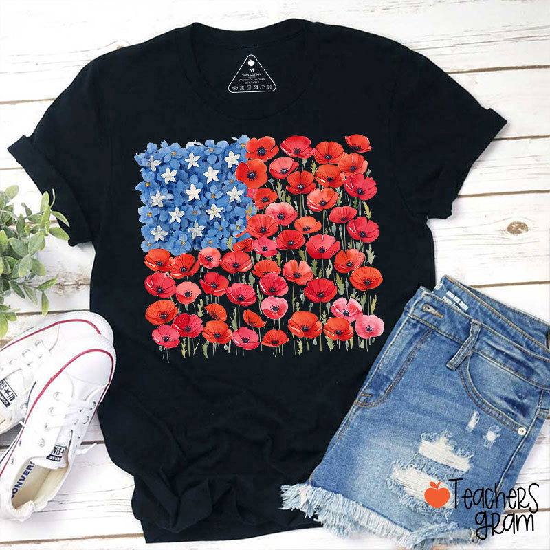 Floral USA Flag 250th Anniversary Teacher T-Shirt