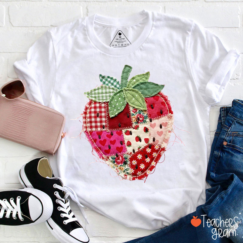 Faux Patchwork Strawberry Teacher T-Shirt
