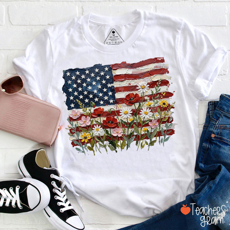 American Flag Floral Teacher T-Shirt
