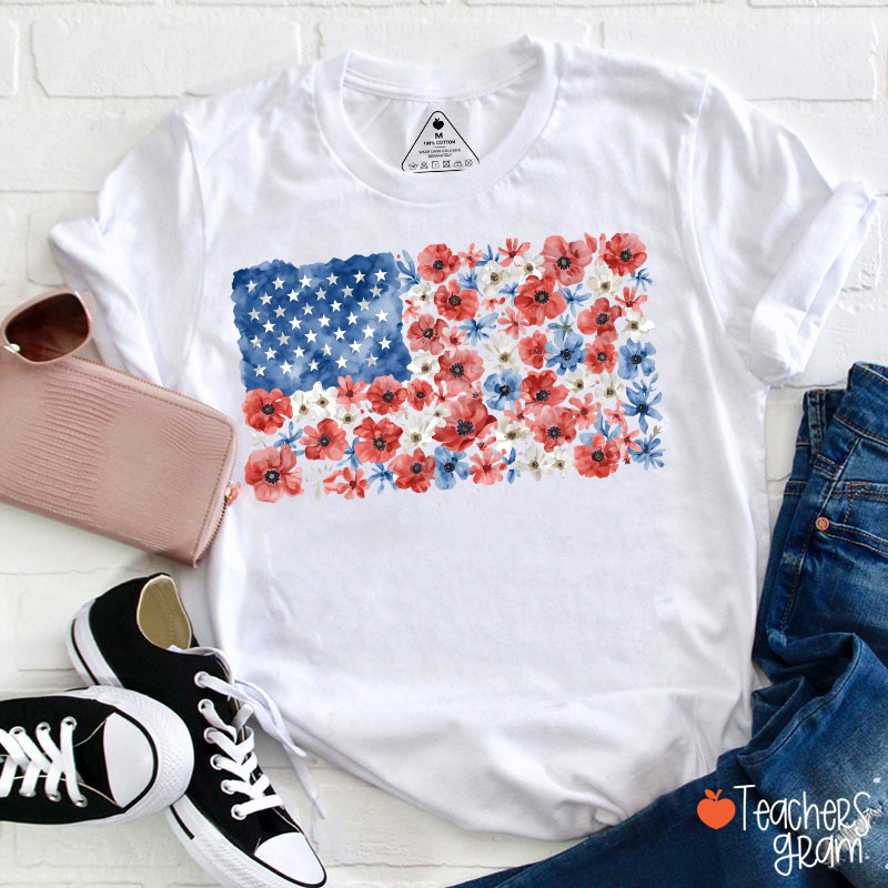 Vintage Floral USA Flag Teacher T-Shirt